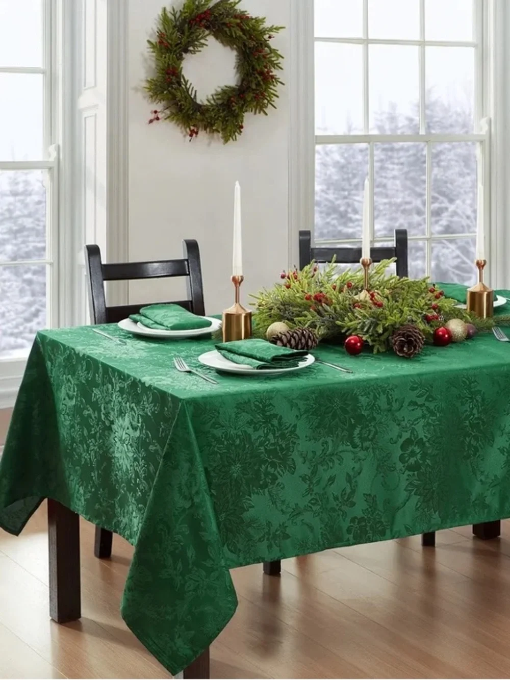 Festive Green Damask Tablecloth - Designer Holiday Dining